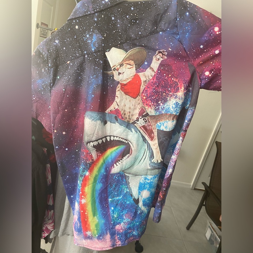 New Sz L Cat riding Rainbow Shirt collared button up galaxy print cowboy cat